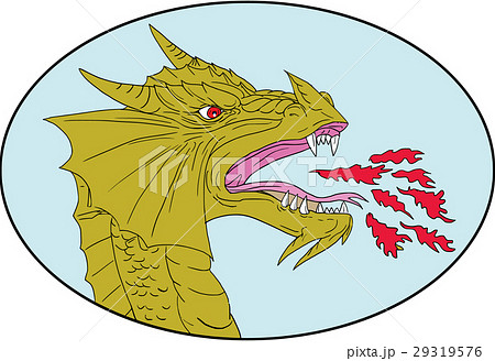 Dragon Head Breathing Fire Oval Drawing Stock Illustration