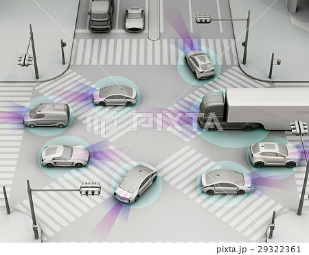 スクランブル交差点に走行する運転支援システム装備車のイメージ(単色) スクランブル交差点に走行する運転支援システム装備車のイメージ(単色) 29322361