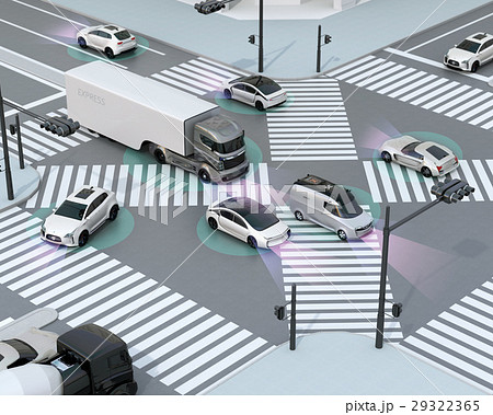 スクランブル交差点に走行する運転支援システム装備車のイメージのイラスト素材
