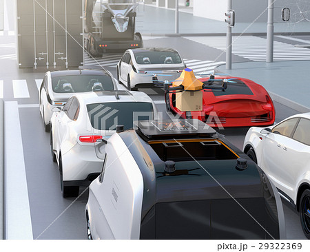 渋滞にはまった宅配車から飛び立ったドローンが小包を配達する。速達のコンセプト。 渋滞にはまった宅配車から飛び立ったドローンが小包を配達する。速達のコンセプト。 29322369