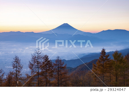 甘利山から見る富士山と韮崎市の夜明け 29324047