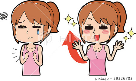 貧乳から巨乳へバストアップに成功した女性のイラスト素材 貧乳から巨乳へバストアップに成功した女性のイラスト素材