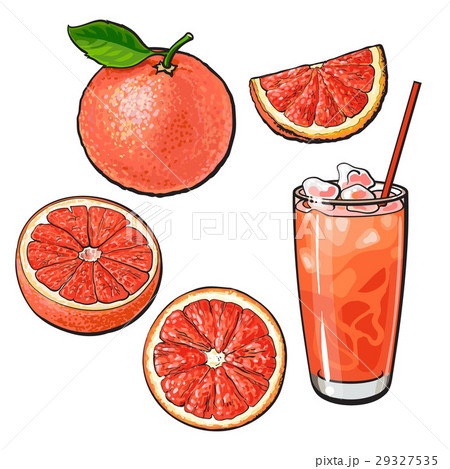 Whole, half, quarter grapefruit and glass of juice 29327535