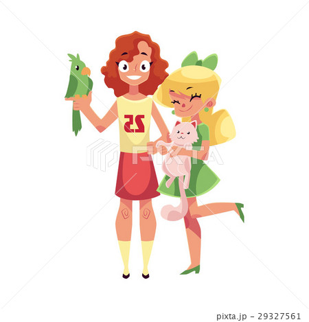 Two girls with pets - fluffy cat, kitten and green Two girls with pets - fluffy cat, kitten and green 29327561