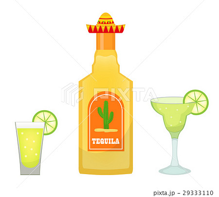 Tequila Bottle With Glasses And Pieces Of Limeのイラスト素材