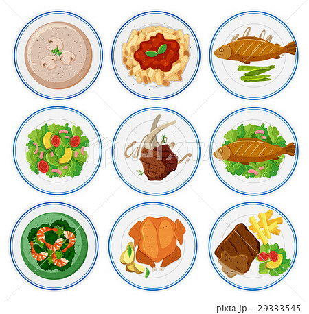 Different types of food on round plates 29333545