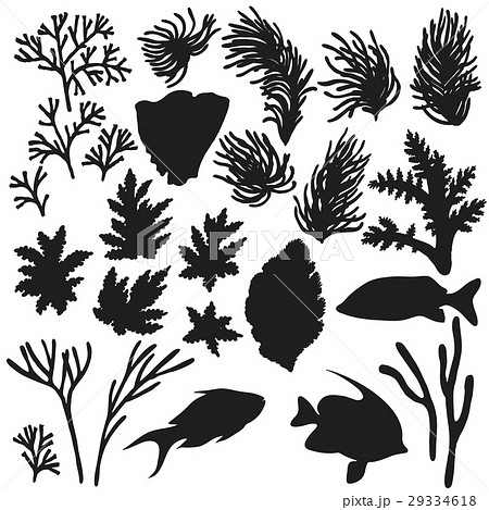 Reef Animals And Corals Silhouette Setのイラスト素材