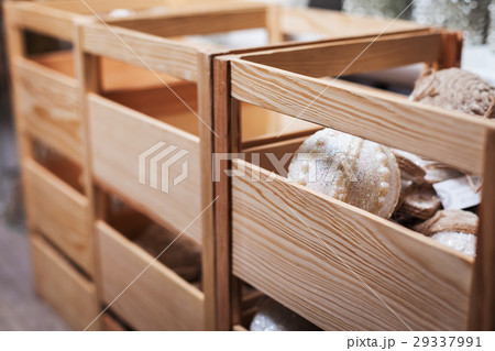 wooden box with Christmas ball decorations wooden box with Christmas ball decorations 29337991