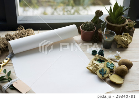 Painting Paper Cactus Plants On A Wooden Table Painting Paper Cactus Plants On A Wooden Table 29340781