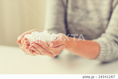 close up of white lump sugar in woman hands 29341267