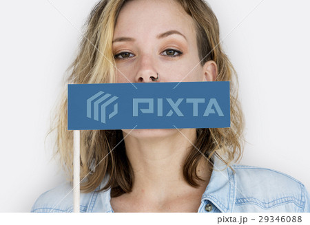 Caucasian Woman Holding Flag Covering Mouth 29346088