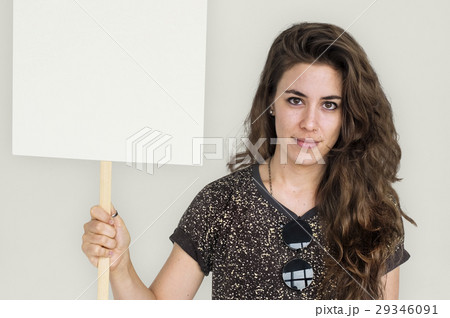 Woman Holding Placard Studio Concept 29346091