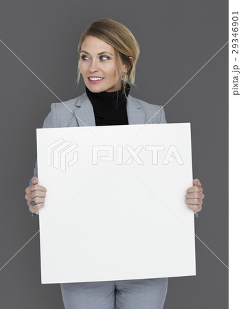 Businesswoman Smiling Happiness Holding Placard Copy Space Concept 29346901