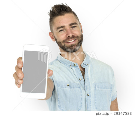 Caucasian Man Holding Phone Smiling 29347588
