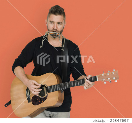 Men Musician Play Guitar Harmonica 29347697