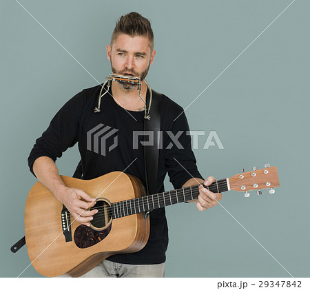 Men Musician Play Guitar Harmonica 29347842