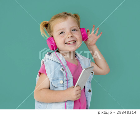 Little GIrl Smiling Happiness Music Headphones 29348314