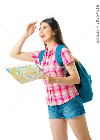 Happy asian woman tourist with map Happy asian woman tourist with map 29354116