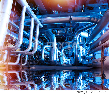 Steel pipelines and cables in blue tones Steel pipelines and cables in blue tones 29354693