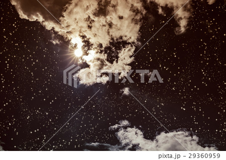 Amazing dark night sky with many stars and clouds. 29360959
