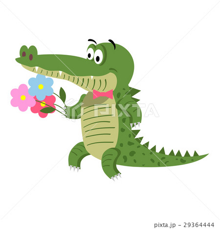 Cartoon Crocodile with Flowers Isolated on White 29364444