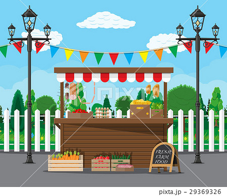 Market Food Stall Full Of Groceries Productsのイラスト素材