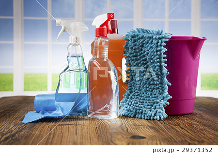 House cleaning product on wood table and window House cleaning product on wood table and window 29371352