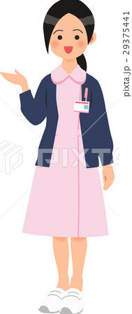 ピンクのナース服とカーディガンを着て案内する女性のイラスト素材
