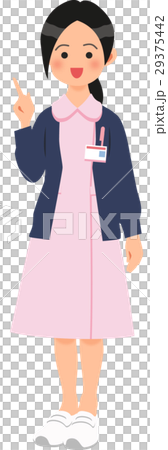 A woman with a pointing pose wearing a pink nurse clothing and a cardigan 29375442