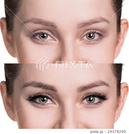 Female eyes before and after eyelash extension. 29378200