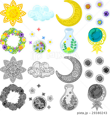 太陽と雲と月と花とリースと瓶と地球儀などの いろいろな可愛いアイコンのイラスト素材
