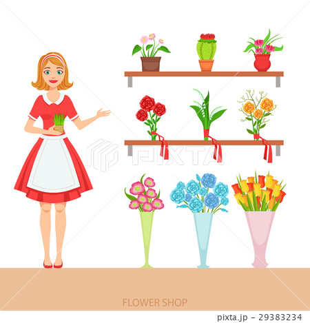 Female Florist In The Flower Shop Demonstratingのイラスト素材