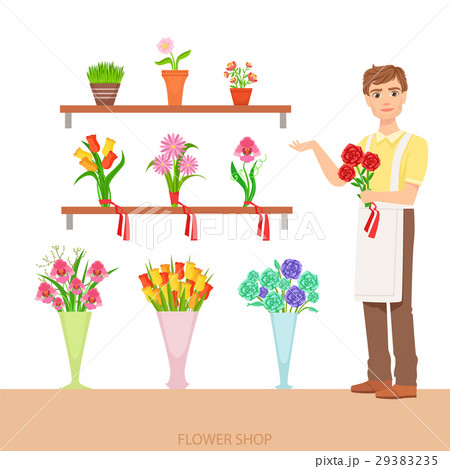 Male Florist In The Flower Shop Demonstrating Theのイラスト素材