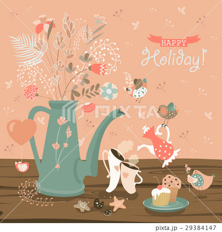 Still-life with a bouquet of flowers, birds, cups Still-life with a bouquet of flowers, birds, cups 29384147