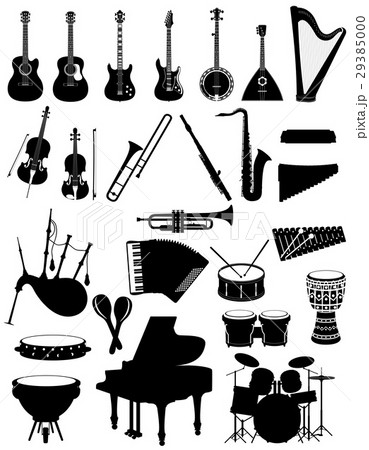 Musical Instruments Set Icons Black Silhouetteのイラスト素材