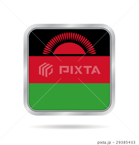 Flag of Malawi. Shiny metallic gray square button.