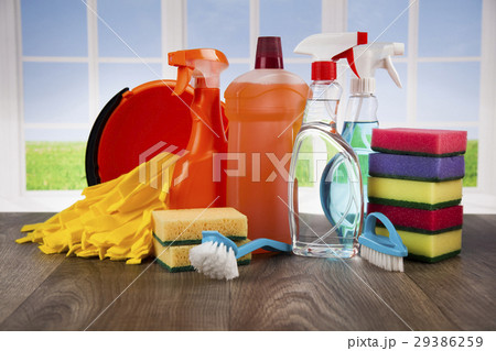 Group of assorted cleaning and window background Group of assorted cleaning and window background 29386259
