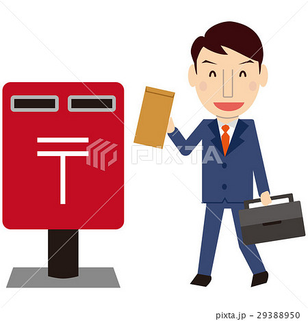 かわいい若いビジネスマン 真面目 ブルーのスーツ 封筒をポストに投函のイラスト素材
