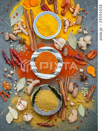 Various of spices and herbs in ceramic bowl. 29391038