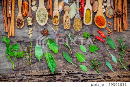 Various of spices and herbs in wooden spoons. Various of spices and herbs in wooden spoons. 29391051