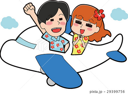 アロハシャツを着て飛行機に乗るカップルのイラストのイラスト素材