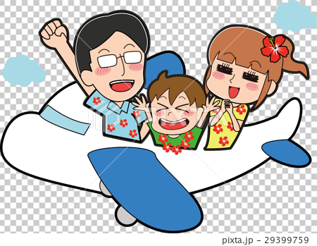 アロハシャツを着て飛行機に乗る家族のイラストのイラスト素材