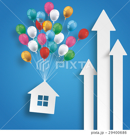 Three White Arrows House Balloons Blue Background Three White Arrows House Balloons Blue Background 29400686