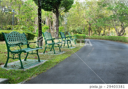 Green metal benches in the park 29403381