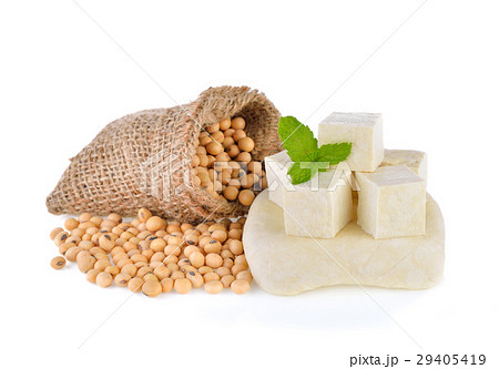 tofu cubes and soybean on white background 29405419