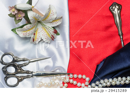 Antique sewing tools, porcelain lily and a pearl n Antique sewing tools, porcelain lily and a pearl n 29415289