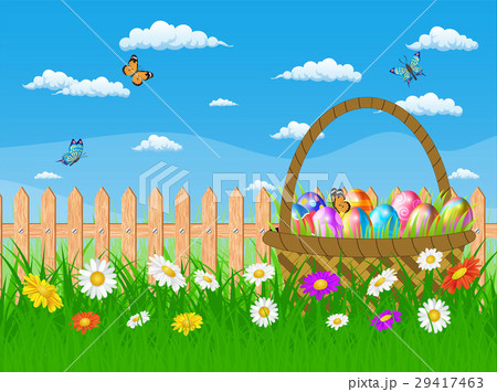 Easter card with Easter eggs on a grass field Easter card with Easter eggs on a grass field 29417463