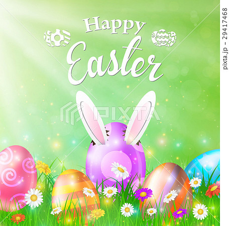 Happy Easter Card with Eggs, Grass, Flowers 29417468