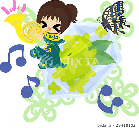 ホルンを演奏する可愛い女の子と黄色い花のクリスタルのイラスト素材
