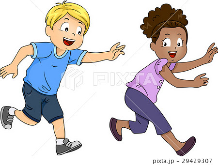 Clipart of a Group of Children Playing a Game of Tag - Royalty
